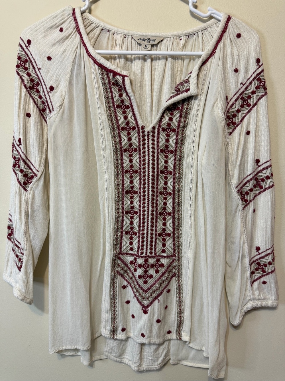 Lucky Brand Ivory Tunic with Burgundy Embroidery 2464